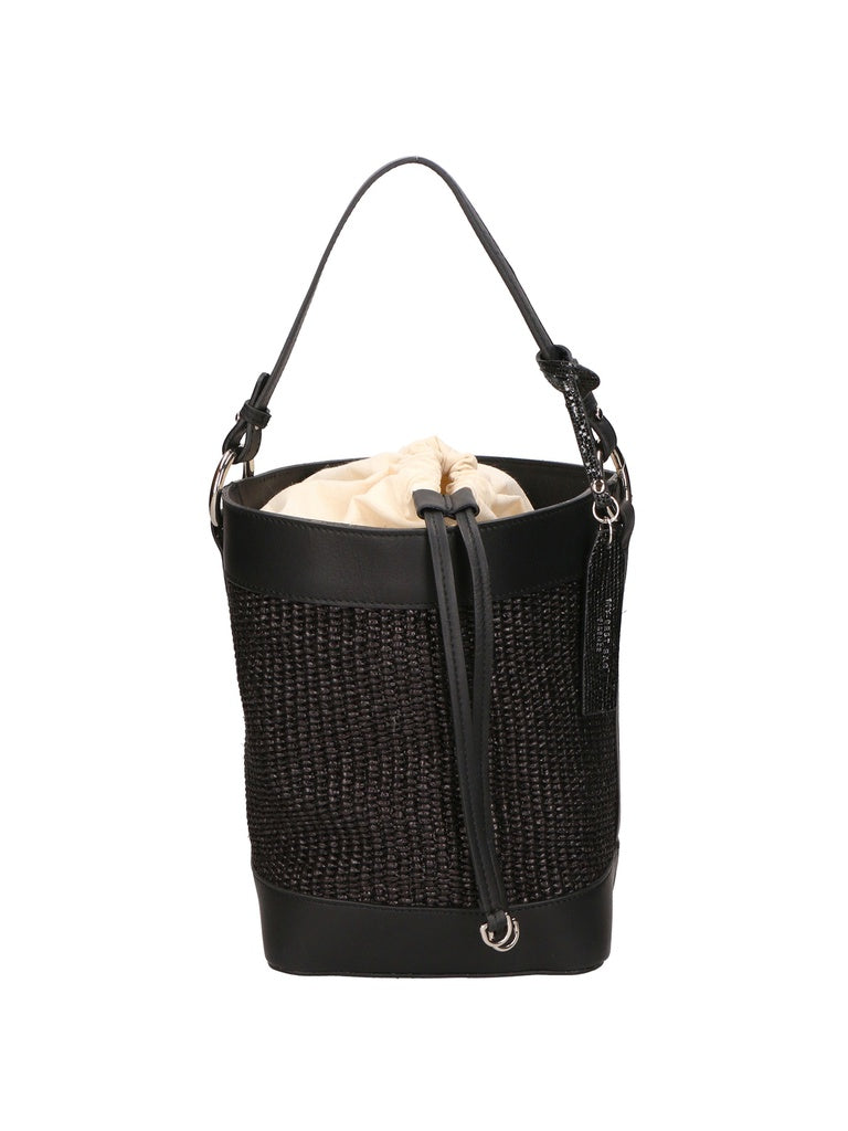 Women's Bucket Bag - False Design - Leather & Fabric Mix