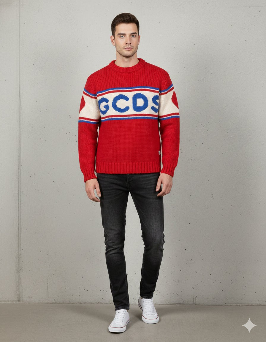 GCDS Pull Homme Rouge Laine Col Rond