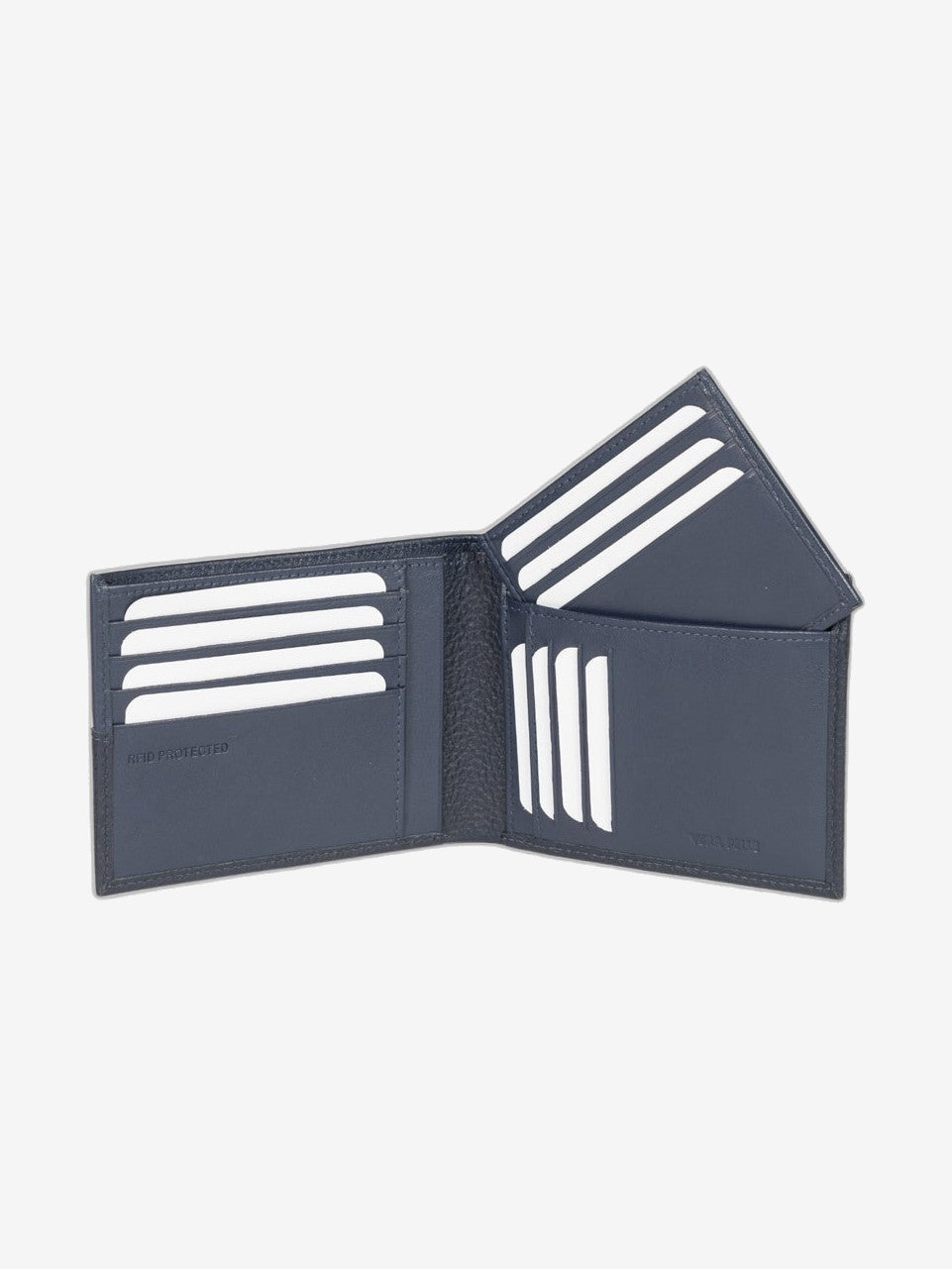 RB12106D | Men's wallet in genuine full-grain leather, dollar/light grain. Blue color. RFID protection. Size when closed: 12.5 x 9.5 x 2 cm. Packaging: gift box bottom/cover