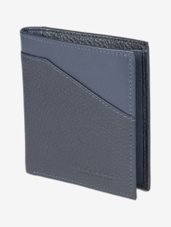 RB12113D| Portafogli Verticale in Vera Pelle pieno fiore, grana dollaro/leggera. Colore Blu. Protezione RFID. Dimensioni da chiuso: cm 9,5 x 10 x 1. Confezione: Scatola regalo fondo/coperchio