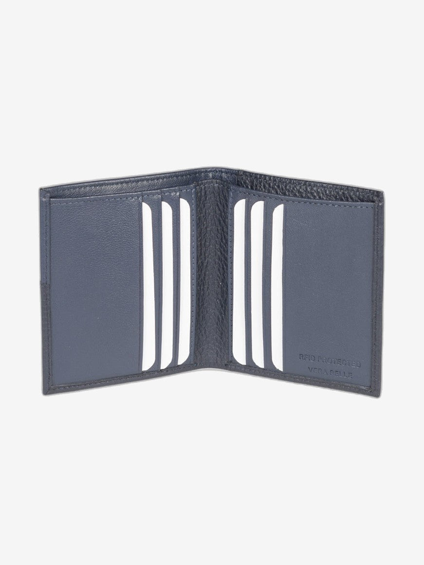 RB12113D| Portafogli Verticale in Vera Pelle pieno fiore, grana dollaro/leggera. Colore Blu. Protezione RFID. Dimensioni da chiuso: cm 9,5 x 10 x 1. Confezione: Scatola regalo fondo/coperchio