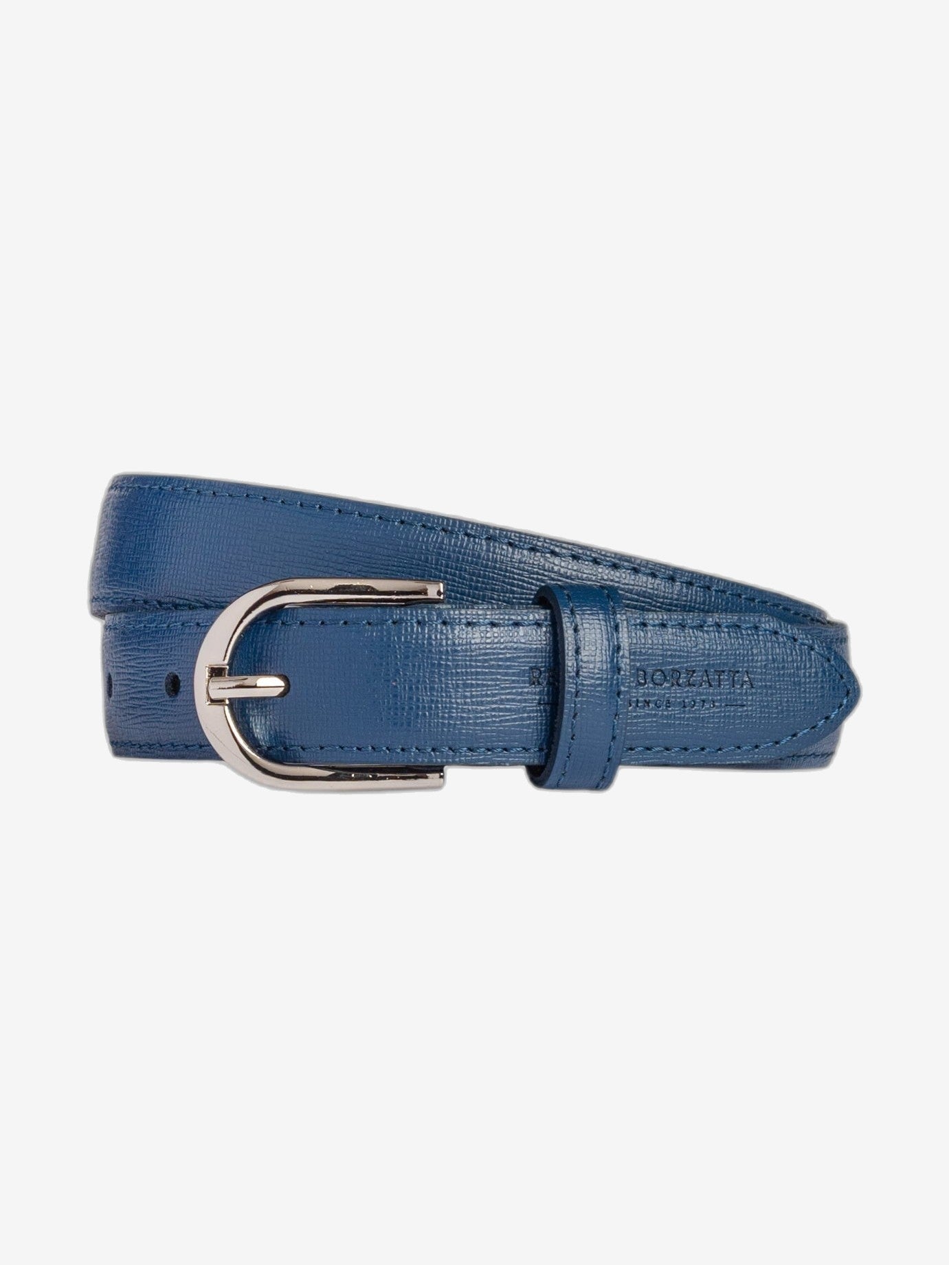 RB4016D | Cintura Donna Made in Italy in Vera Pelle Saffiano. Fibbia in finitura Argento Lucido. Colore Blu. Dimensioni: cm 115 x 2,5 x 0,5 (giro vita cm 100)
