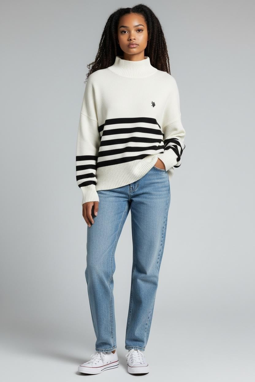 U.S. POLO Maglieria Donna Bianco Cotone Collo Alto
