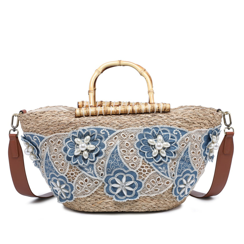 Women's Straw & Cotton Shopper Bag - Marcella Model - Casual