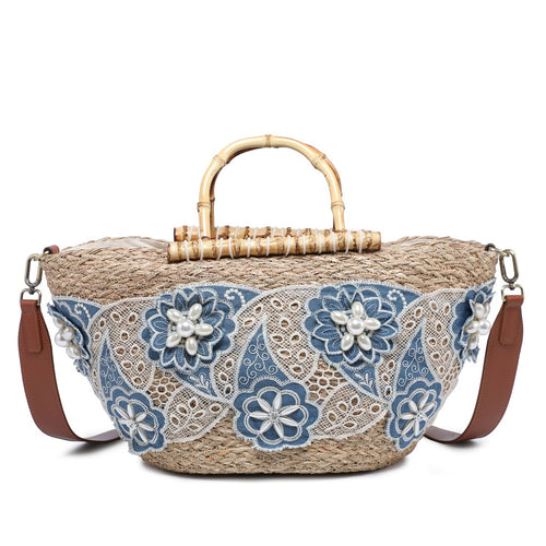 Women's Straw & Cotton Shopper Bag - Marcella Model - Casual